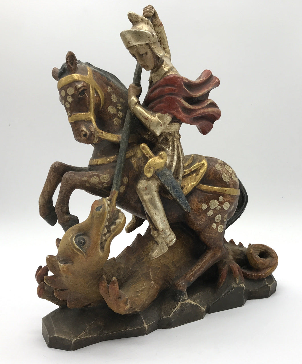 Figur Ritter auf Pferd bekämpft Drache, Holz geschnitzt, Deko
