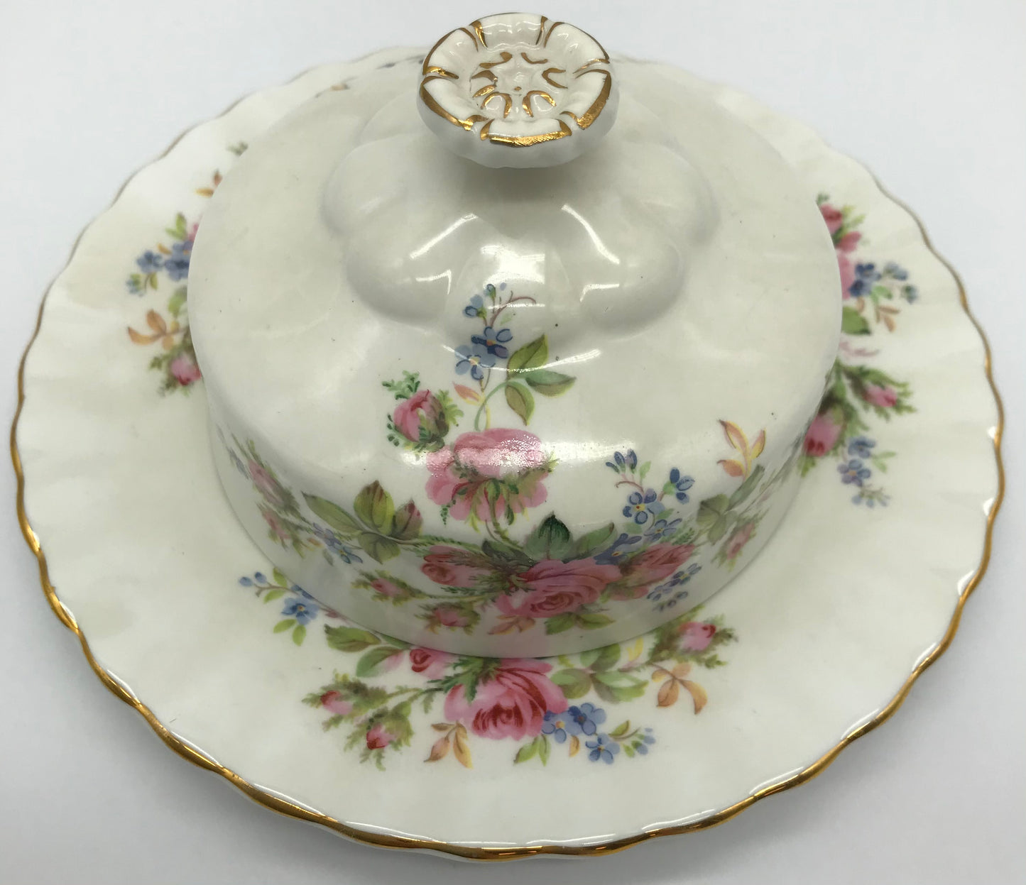 Royal Albert-Porzellan-Bone China-England-Moss Rose, Butterdose, Teller mit Haube