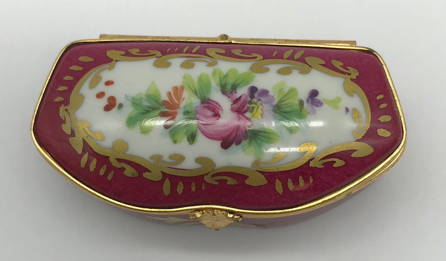 Limoges France Peint Main, Porzellan Pillendose, rot, Blumendecor