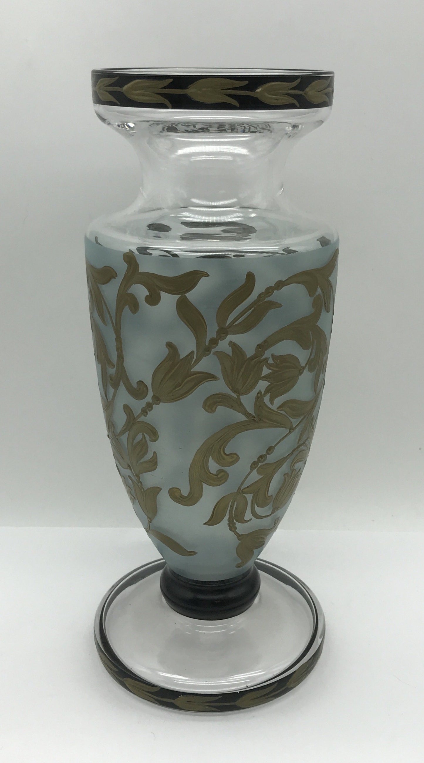 Vase Glas mit handgemaltem Blumenmuster goldfarbend, Verzierung,