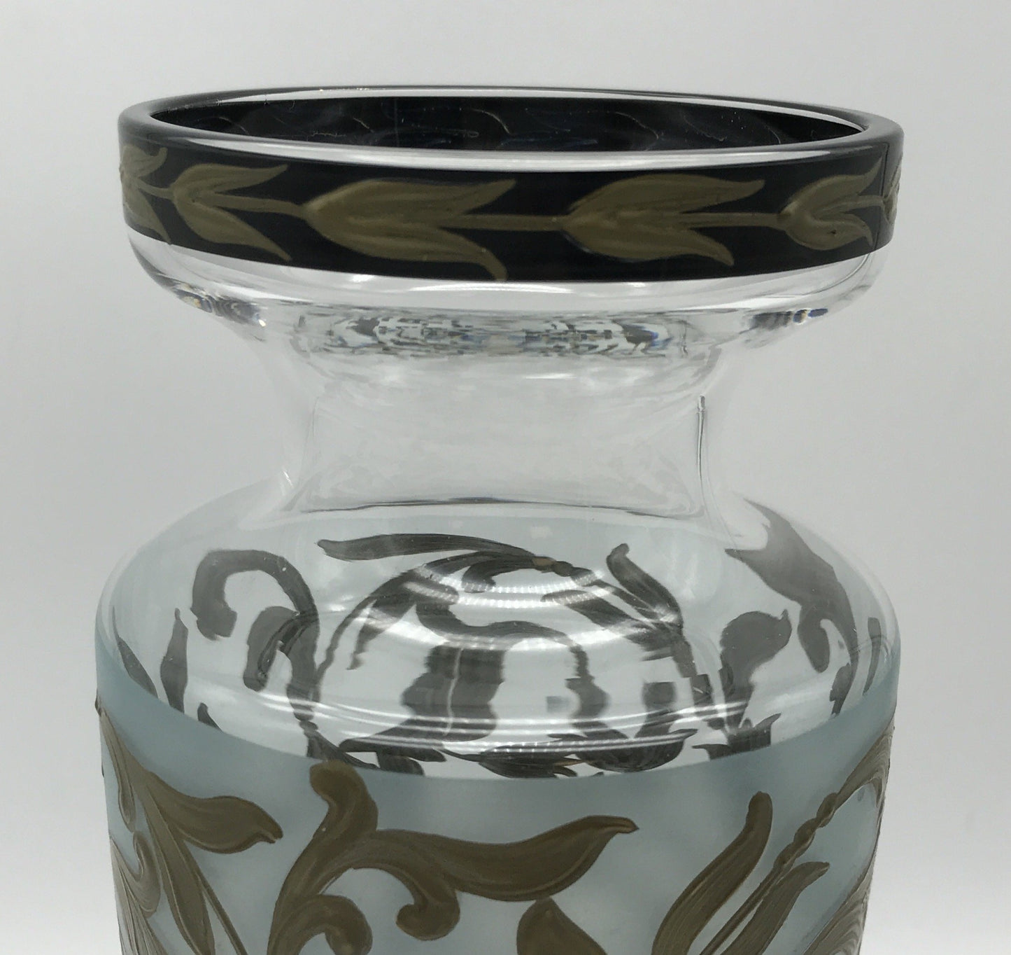 Vase Glas mit handgemaltem Blumenmuster goldfarbend, Verzierung,