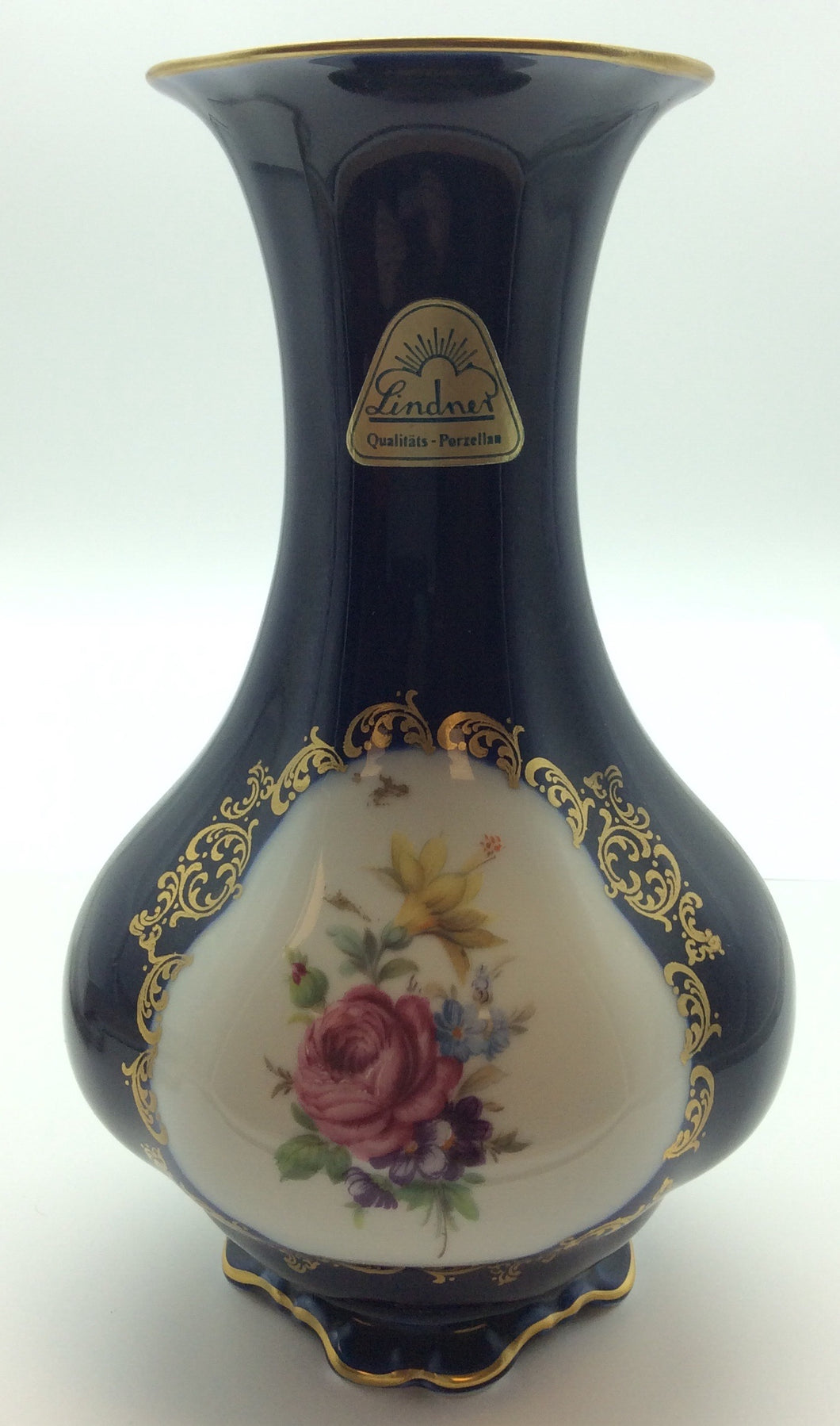 Linder Bavaria Echt Cobalt Vase, Blau mit Goldrand, Blumenmotiv