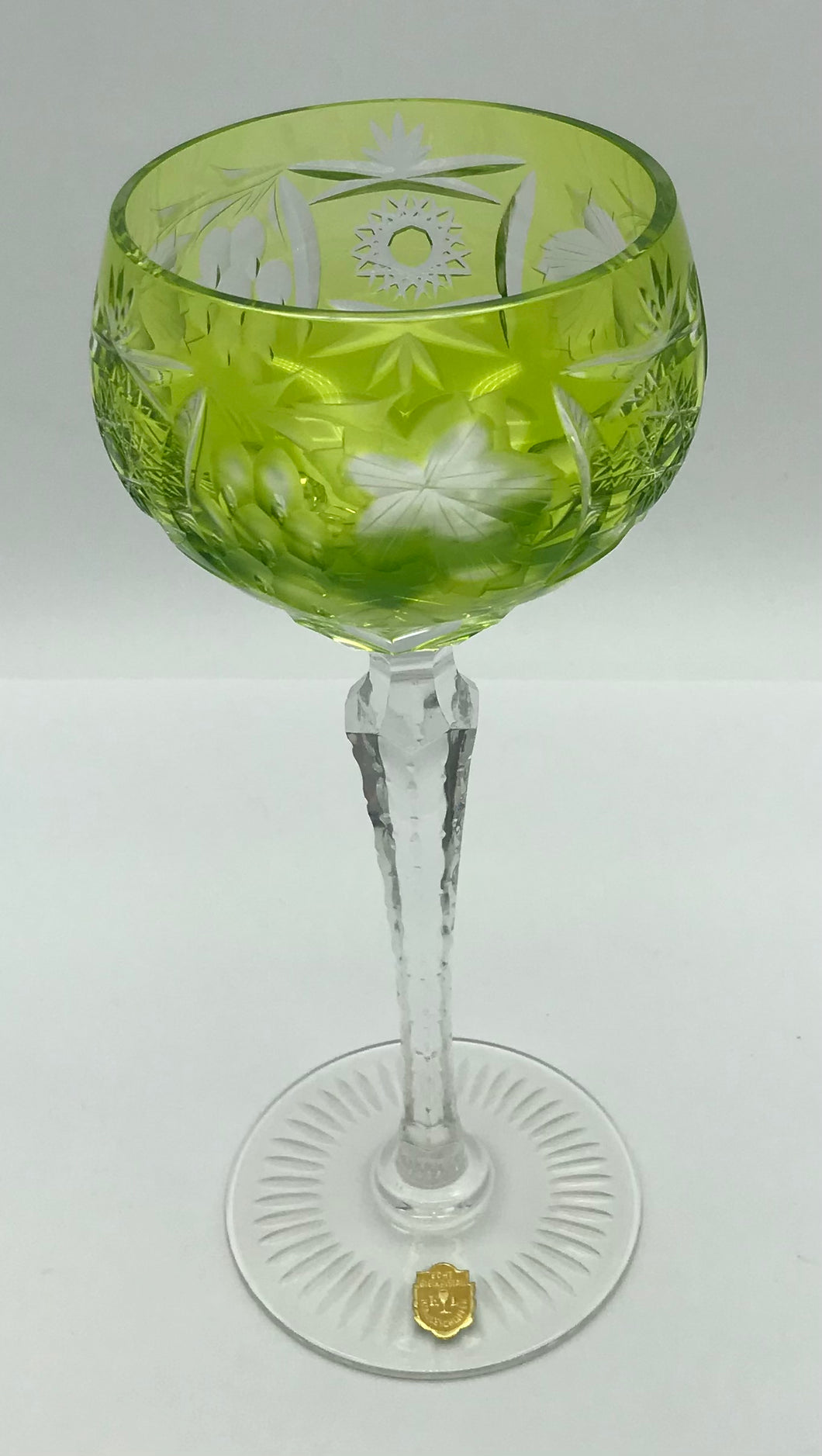 Kristall Weinglas Römer hellgrün handgeschliffen, Echt Bleikristall