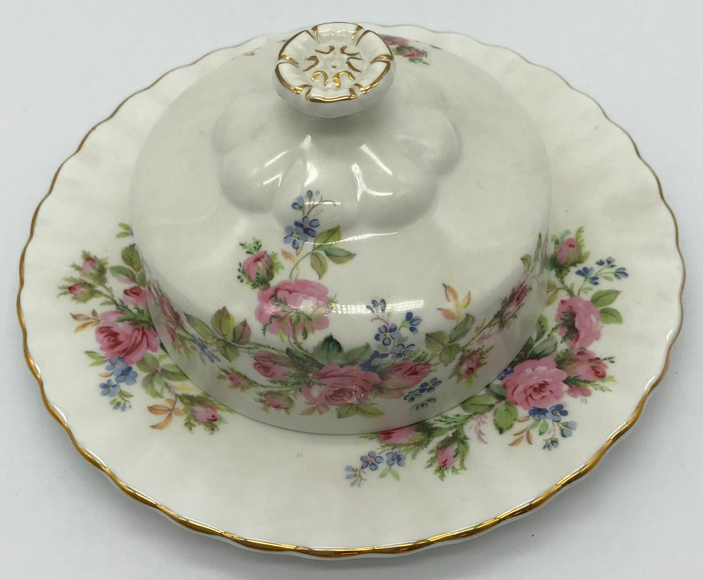 Royal Albert-Porzellan-Bone China-England-Moss Rose, Butterdose, Teller mit Haube