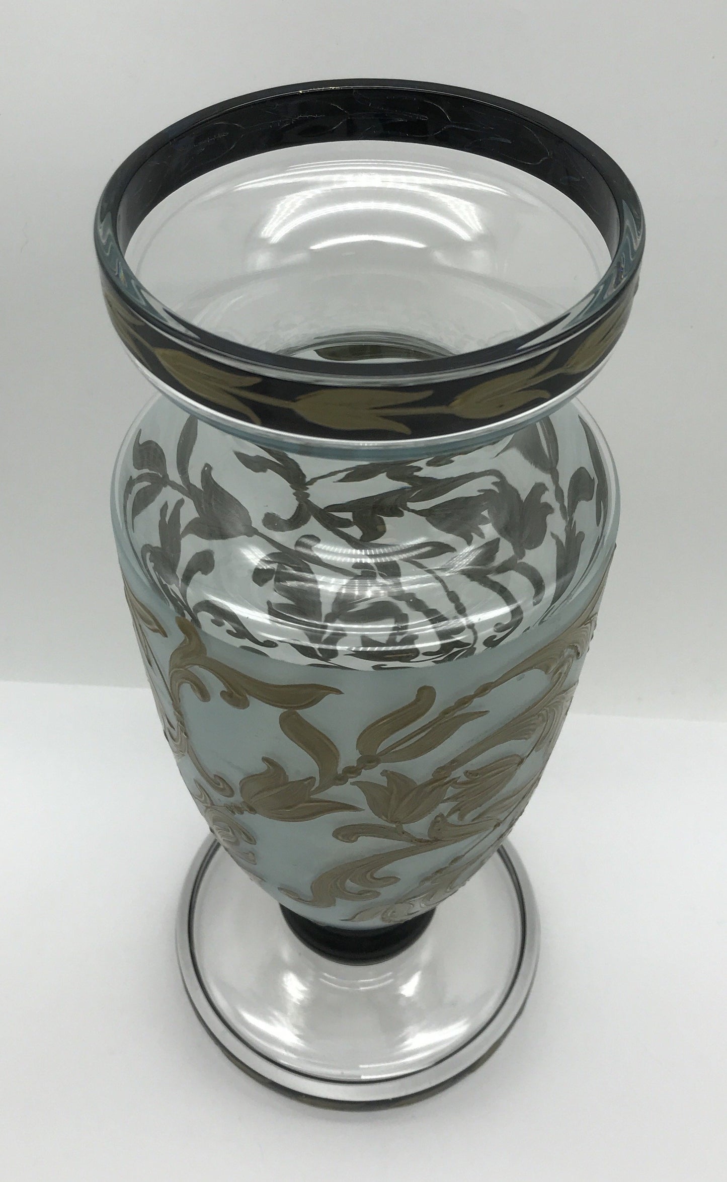 Vase Glas mit handgemaltem Blumenmuster goldfarbend, Verzierung,