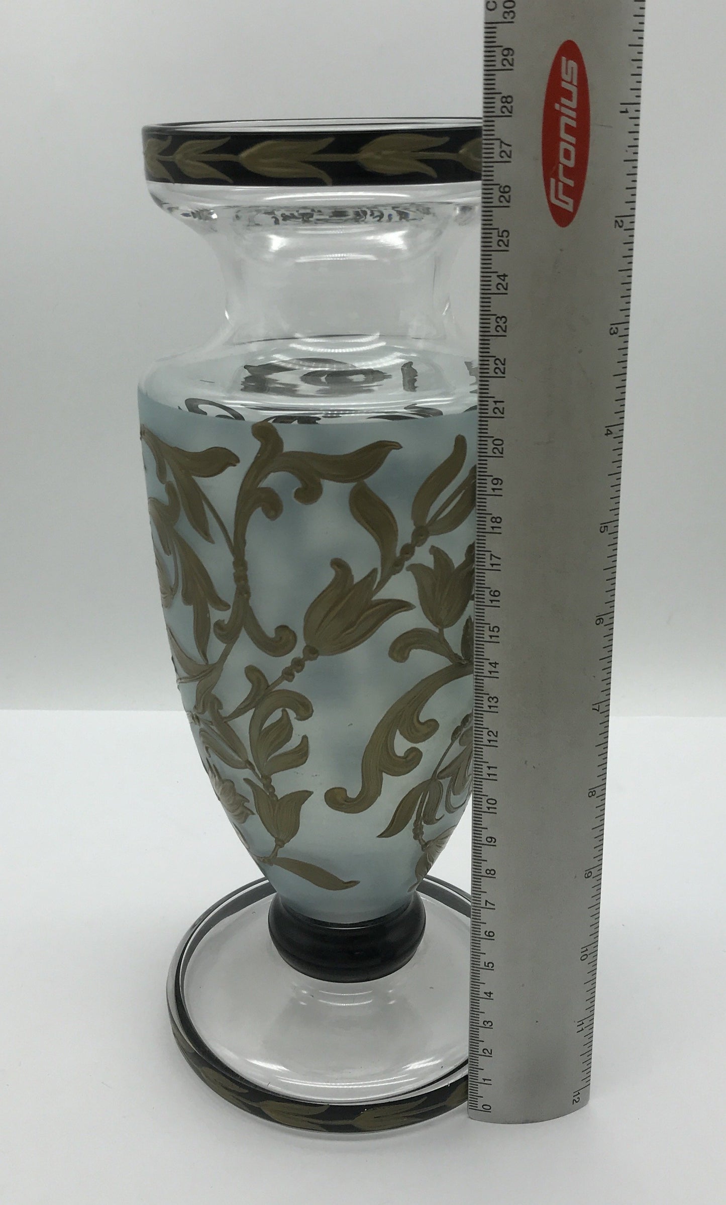 Vase Glas mit handgemaltem Blumenmuster goldfarbend, Verzierung,