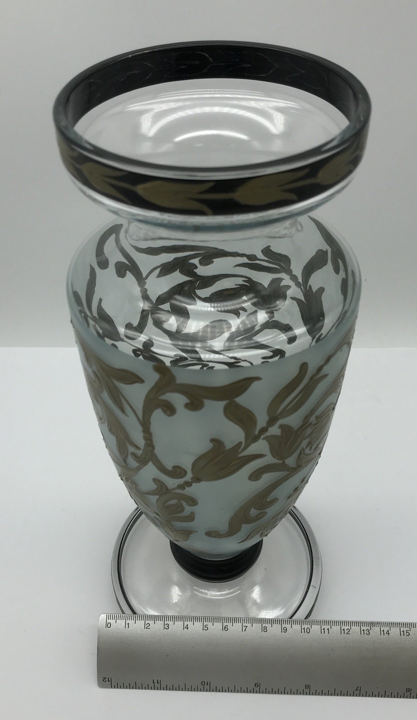 Vase Glas mit handgemaltem Blumenmuster goldfarbend, Verzierung,