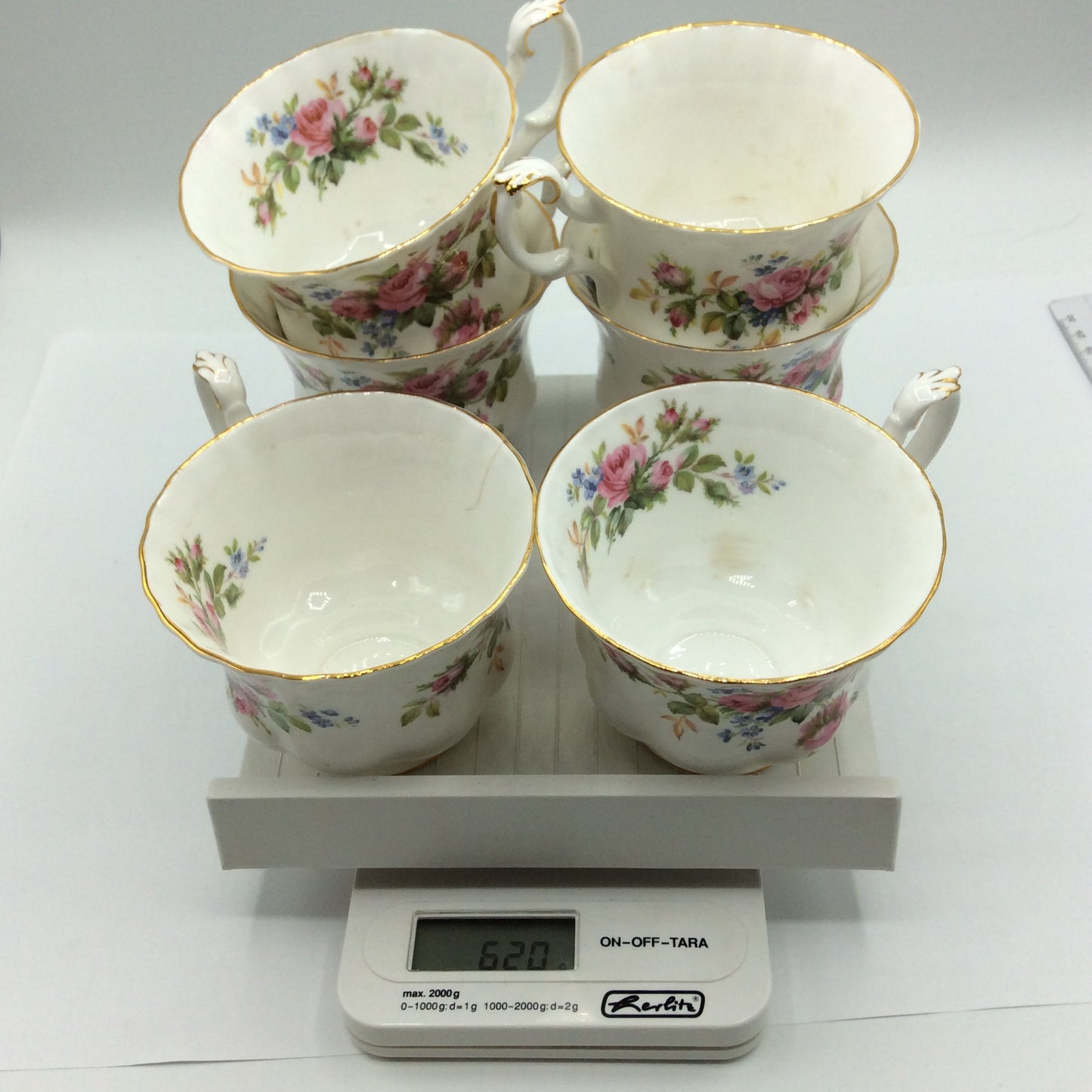 6 x Teetassen Royal Albert-Porzellan-Bone China-England-Moss Rose,