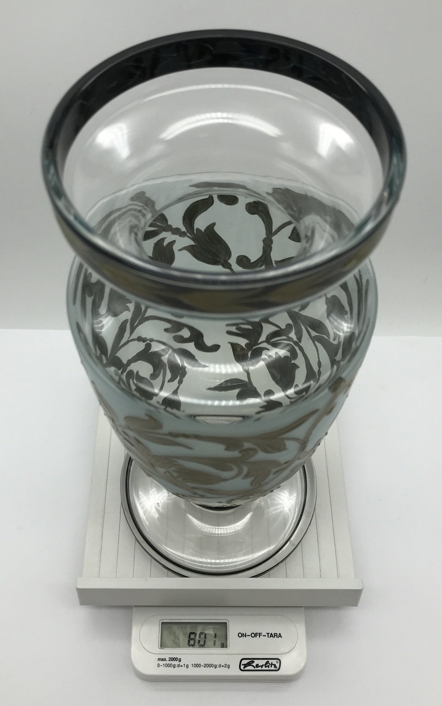 Vase Glas mit handgemaltem Blumenmuster goldfarbend, Verzierung,